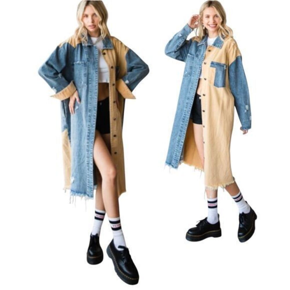 OLI & HALI Oversized Duster Dress Long Jacket Shacket Button Up Denim Patched L